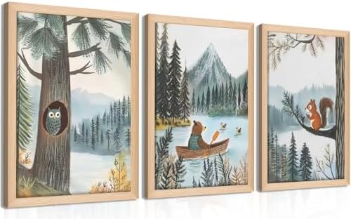 Framed Cute Animals Wall Art Set of 3, Woodland Bear Canoe Adventure Nursery by BGFCEWallArt