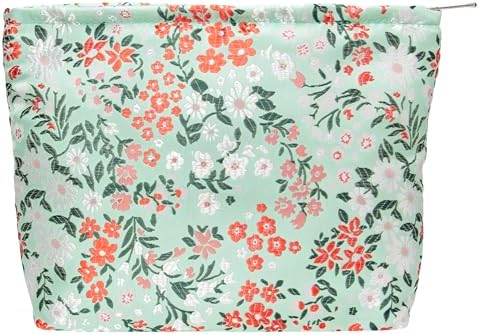 Flat Makeup Bag for Women, Zipper Cosmetic Pouch for Purse, Brocade Green by PAZIMIIK