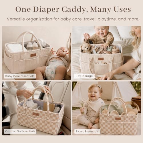 Konssy Baby Diaper Caddy Organizer, Corduroy Nursery Storage Basket - Image 6