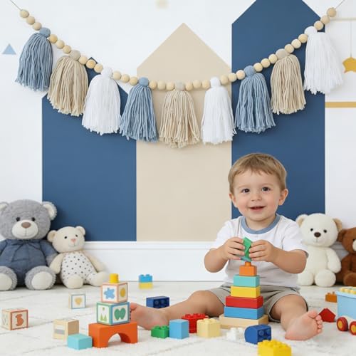 Boho Blue Tassel Garland Baby Boy Shower Decorations - Image 6