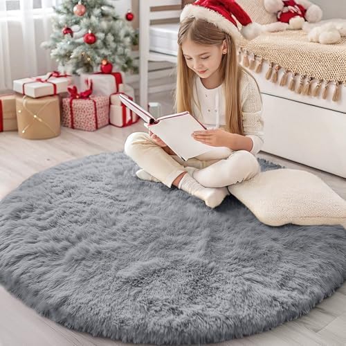 OLANLY Light Grey Round Rugs for Bedroom by OLANLY