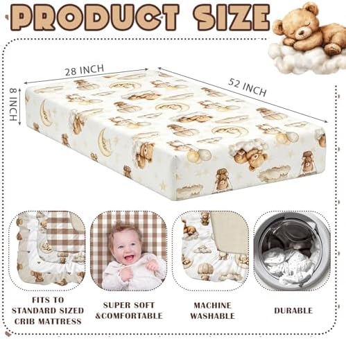 Peryiter 4 Pack Crib Sheets for Baby 52'' X 28" Brown Bear Crib Sheet - Image 2
