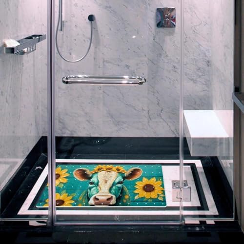 Shower Mat Non Slip, Cow Sunflower on Teal Plank Anti Slip Bath Mat - Image 6