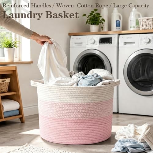 90L Extra Large Blanket Basket, Woven Rope Laundry Basket-Mixed Pink - Image 5