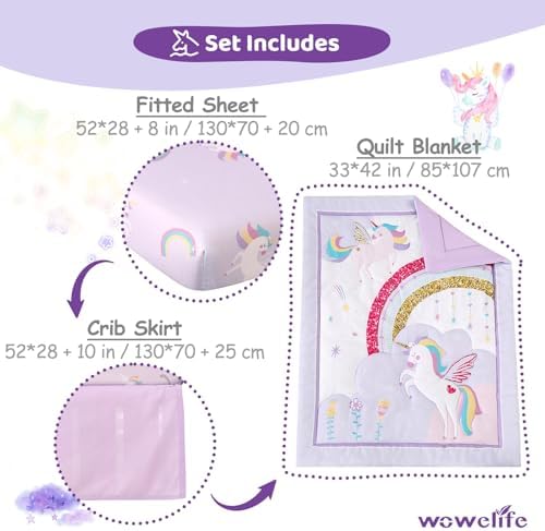Unicorn Crib Bedding Set 3 Pieces Baby Girl Crib Bed Set Crib Comforter Set - Image 5