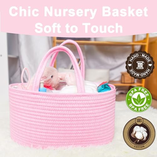 ABenkle Diaper Caddy Organizer, Boho Rustic Cotton Rope Nursery Baby Basket - Image 6