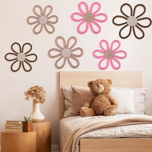Barydat 6 Pcs Boho Nursery Decor Daisy Flower Woven Macrame Wall Hanging 3 Size - Image 4