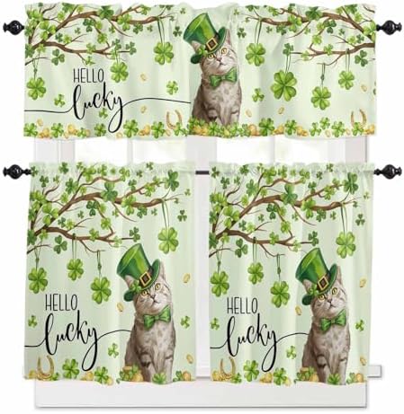 Vandarllin Lucky Cat St. Patrick's Day Kitchen Curtains and Valances Set by VandarllinHomeKitchenDecor