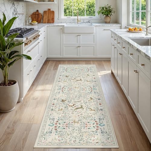 Runner Rug Washable Runners Kitchen Rugs Non Slip Neutral Floral Carpet by Yidanamy