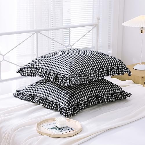 2 Pack Black Gingham Ruffle Euro Shams Pillow Covers 26"x26" - Image 3