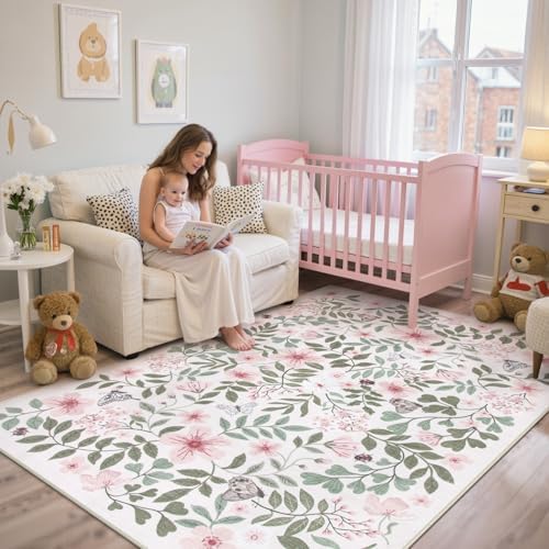 Lahome Pink Girls Nursery Rug, 5x7 Floral Baby Girls Rugs - Image 5