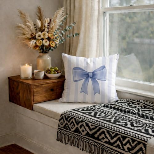 Blue Bow Decorative Throw Pillow 18x18 Inch – Cute Blush Pink Striped Pillow - Image 6