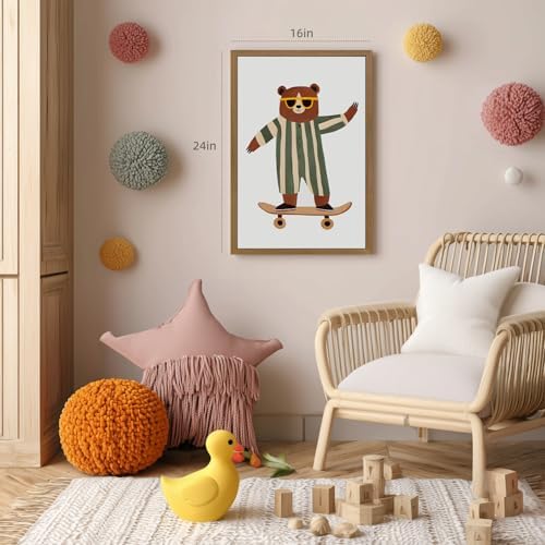 Grajoy Wood Framed Funny Modern Cool Skateboard Bear Wall Art 16x24 Inch - Image 4