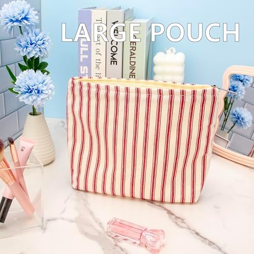 Flat Makeup Bag for Women, Zipper Cosmetic Pouch Purse, Vintage Stripe Red - Image 6