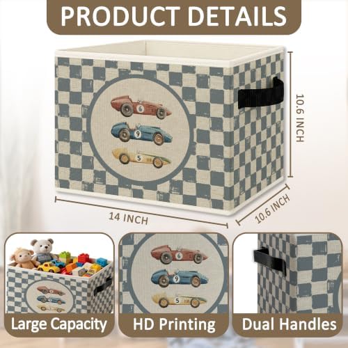 Vintage Blue Checkered Race Car Foldable Storage Box - Image 6