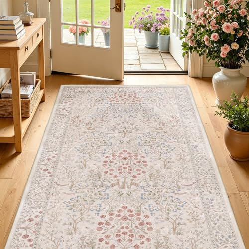 Cream Woodland Area Rugs 3x5, Tree of Life Natural Washable Rug Low Pile Ultra by Jainmy