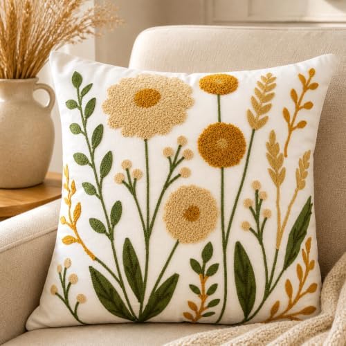 Embroidered Throw Pillow Cover, 18x18 Inch Floral Decorative Pillowcase by B+BBPM