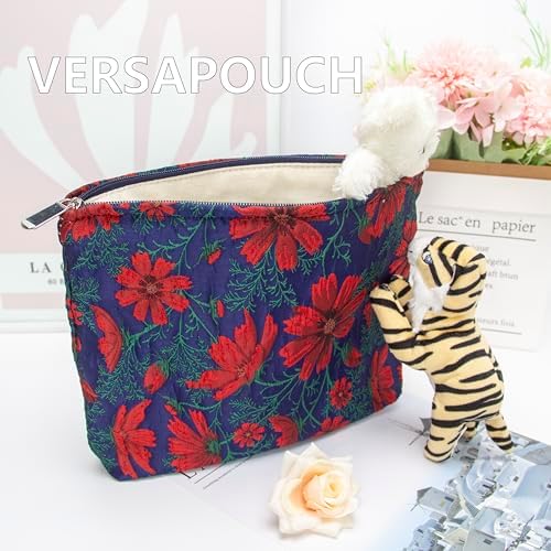 Flat Makeup Bag for Women, Zipper Cosmetic Pouch for Purse, Brocade Navy Blue - Image 6