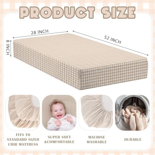 Breling 2 Pcs Muslin Khaki and Khaki Gingham Crib Sheets Netural - Image 2