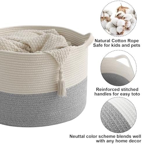 90L Extra Large Blanket Basket, Woven Rope Laundry Basket-White&Grey - Image 3
