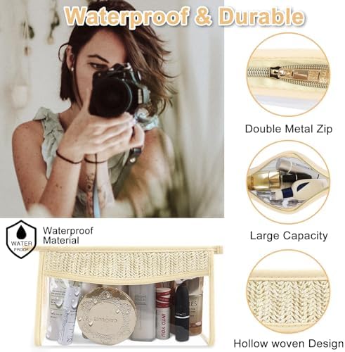 2Pcs Boho Patch Bag Clear Makeup Letter Bag, Waterproof Zipper Make up Bags - Image 3