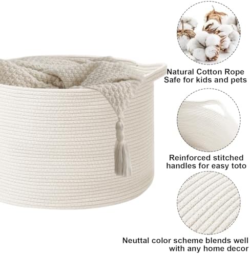 90L Large Blanket Basket, Rope WovenLaundry Basket-White - Image 3