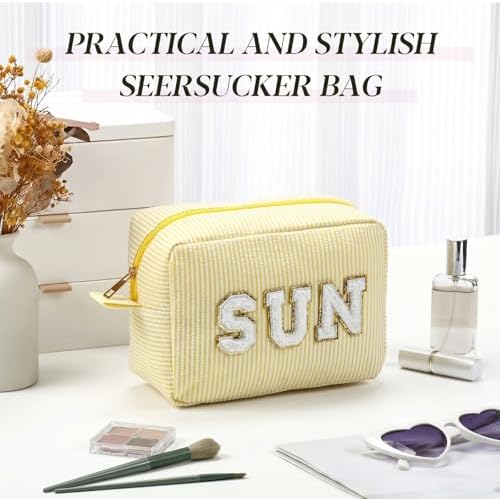 Sanwuta Seersucker Cosmetic Bags Sun Bag Chenille Letter Seersucker Makeup Bags - Image 4