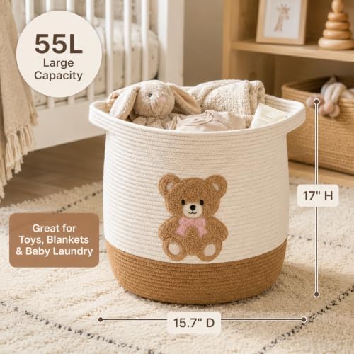 Teddy Bear Nursery Basket, Cotton Rope Baby Laundry Hamper - Image 2