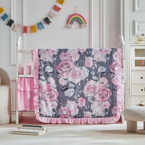 3 Pieces Flowers Crib Bedding Set Baby Ruffled Quilted Comforter by Uozzi+Bedding