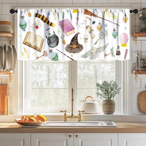 Witchy Magical Window Valance, Funny Magic Book Wizard Hat Broom Owl Mysterious - Image 3