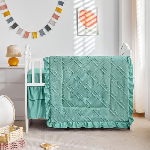 Tufted Ruffle Crib Bedding Set 3 Pieces Baby Girls Boys Boho Quilted Comforter - Image 2