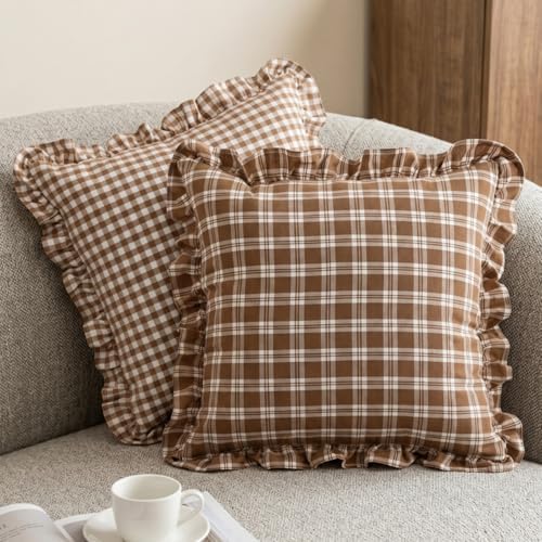 Set of 2 Ruffle Plaid Pillow Covers 18x18 Inch Cotton Brown and White Checkered - Image 3