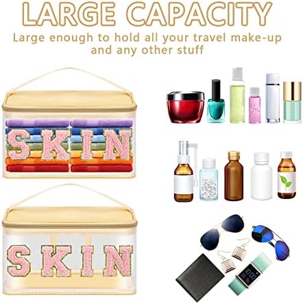 Iqimott Preppy Clear Makeup Bag Skin Pouch, Chenille Letter Cosmetic Bag - Image 4