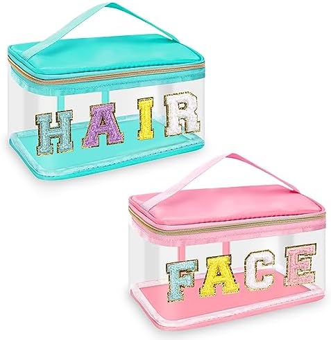 2 Pcs Chenille Letter Clear Makeup Bags FaceHair Pouch, Preppy Patch Travel by izuzta