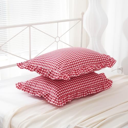 2 Pack Red White Gingham Ruffle Pillow Shams King Size 20"x36" - Image 4