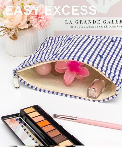 Flat Makeup Bag for Women, Zipper Cosmetic Pouch for Purse, Gingham Blue - Image 2