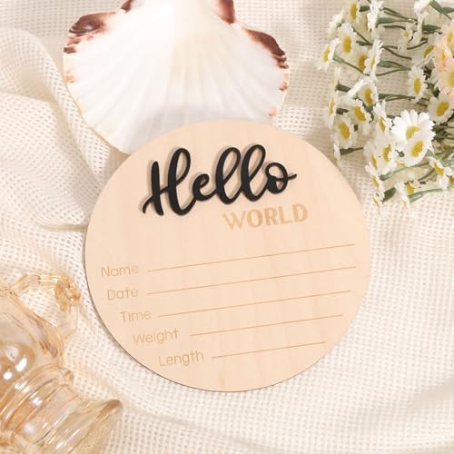 Newborn Announcement Sign with Pen, 5.9in Wooden Hello World Baby Welcome Sign - Image 3