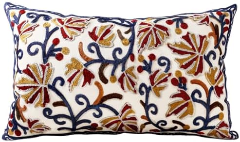 Embroidered Throw Pillow Cover, 20x12 Inch, Fall Floral by Kokaaee