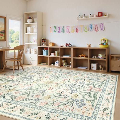 Lahome 9x12 Rugs for Bedroom, Boho Cream Floral Kids Room Rug - Image 4