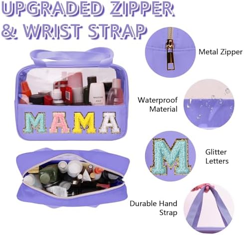 Chenille Letter Patch Mama Bag, Preppy Clear Makeup Cosmetic Bag Large Toiletry - Image 3