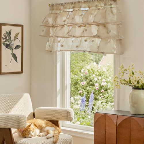 jinchan Ruffled Kitchen Valance Pom-Pom Sheer 1 Panel 18 Inch Beige - Image 3