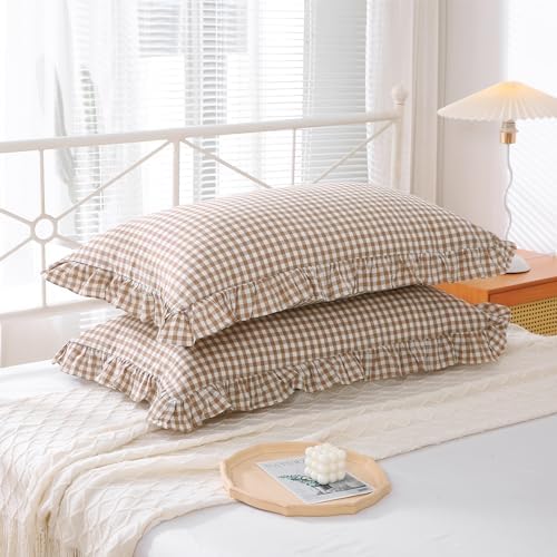 2 Pack Taupe White Gingham Ruffle Pillow Shams King Size 20"x36" - Image 4
