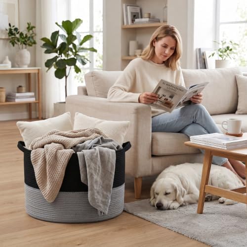 65L Large Blanket Basket, Woven Rope Laundry Basket-Black&Dark Grey - Image 4