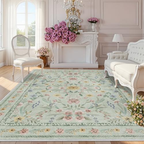 Green Floral Rug for Girls, 5x7 Washable Botanical Bedroom Rug for Nursery by Dadasgk