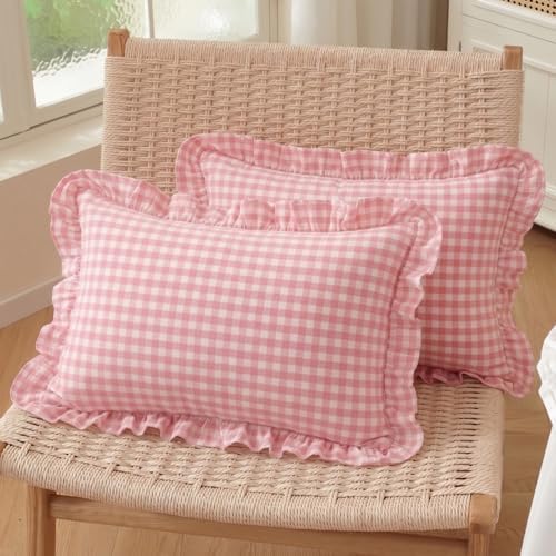 Set of 2 Light Pink and White Ruffle Lumbar Pillow Covers 12x20 Inch, Gingham by HOSTECCO