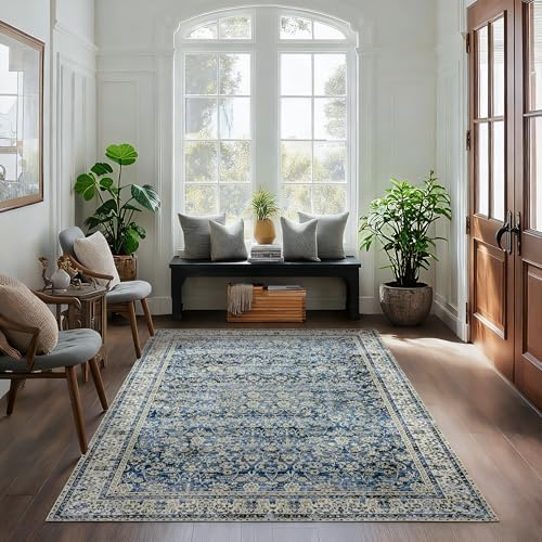 Vintage Dark Blue 4 by 6 Rug for Dorm Washable Small Throw Rugs Bedroom - Image 2