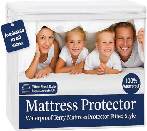 100% Waterproof Twin Size Mattress Protector, Premium Fitted Cotton Terry Cover by SHREEMLINEN