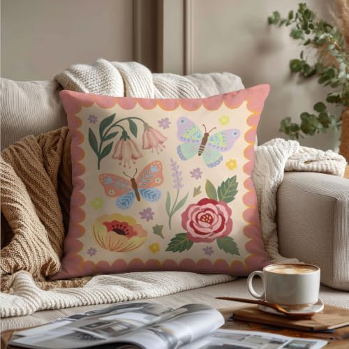 Folk Art Floral Butterfly Pink Pillow Cover 18x18 - Image 3