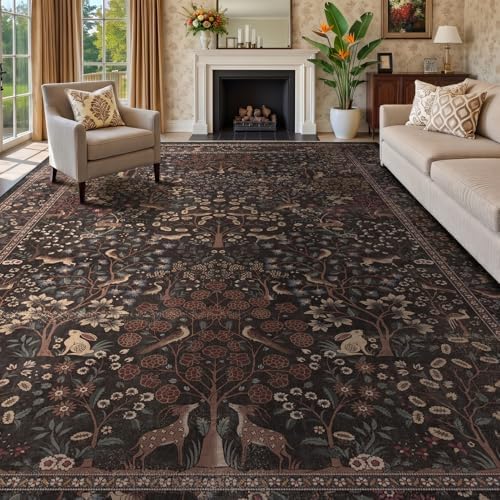 Floral Animal Print 9x12 Rugs for Living Room, Vintage Farmhouse Tree of Life by Jainmy