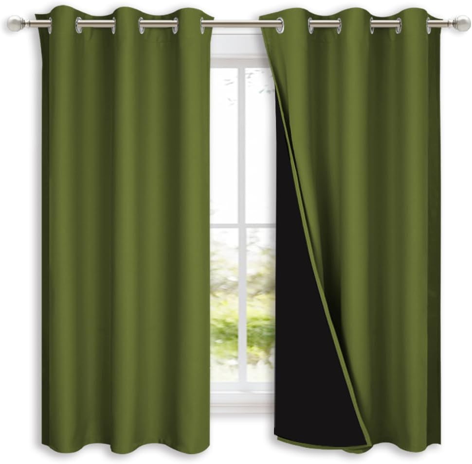 NICETOWN 100% Blackout Curtains 45 inches Long, Olive Green, 1 Pair, 42 inches Width Each Panel, 2 Thick Layers Completely Blackout Window Treatment Thermal Insulated Lined Drapes for Small Window